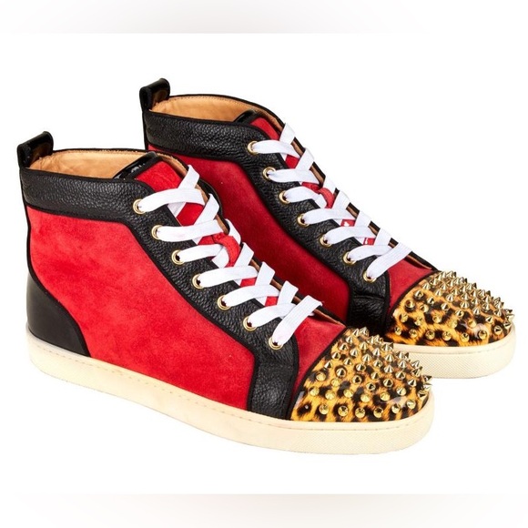 Christian Louboutin High Top Leopard Print Spike Toe Trainers Sneakers - Picture 1 of 9